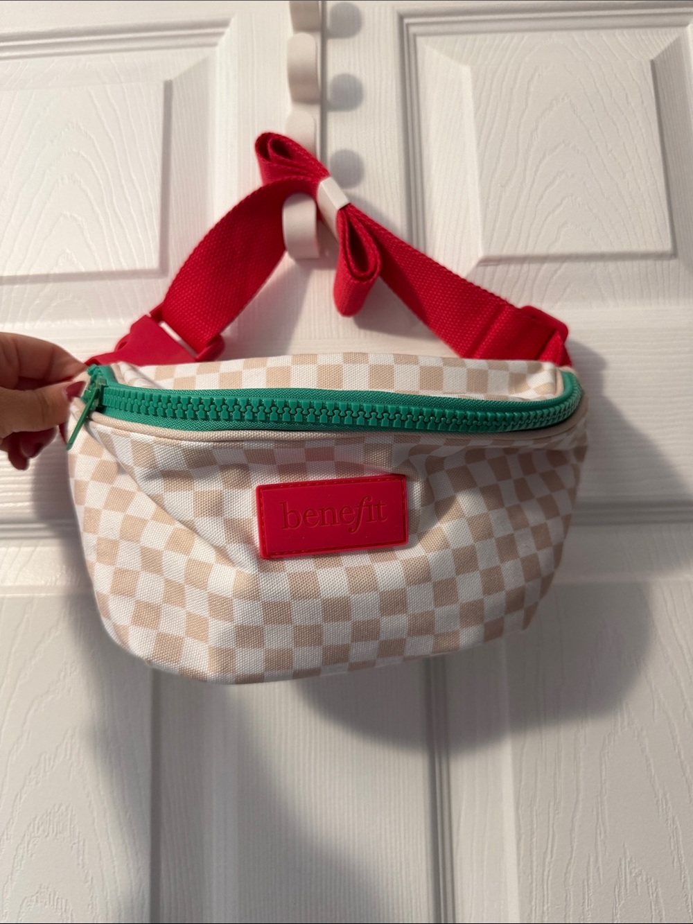 Benefit Cream Checkered Crossbody with Red Strap and Green Zipper